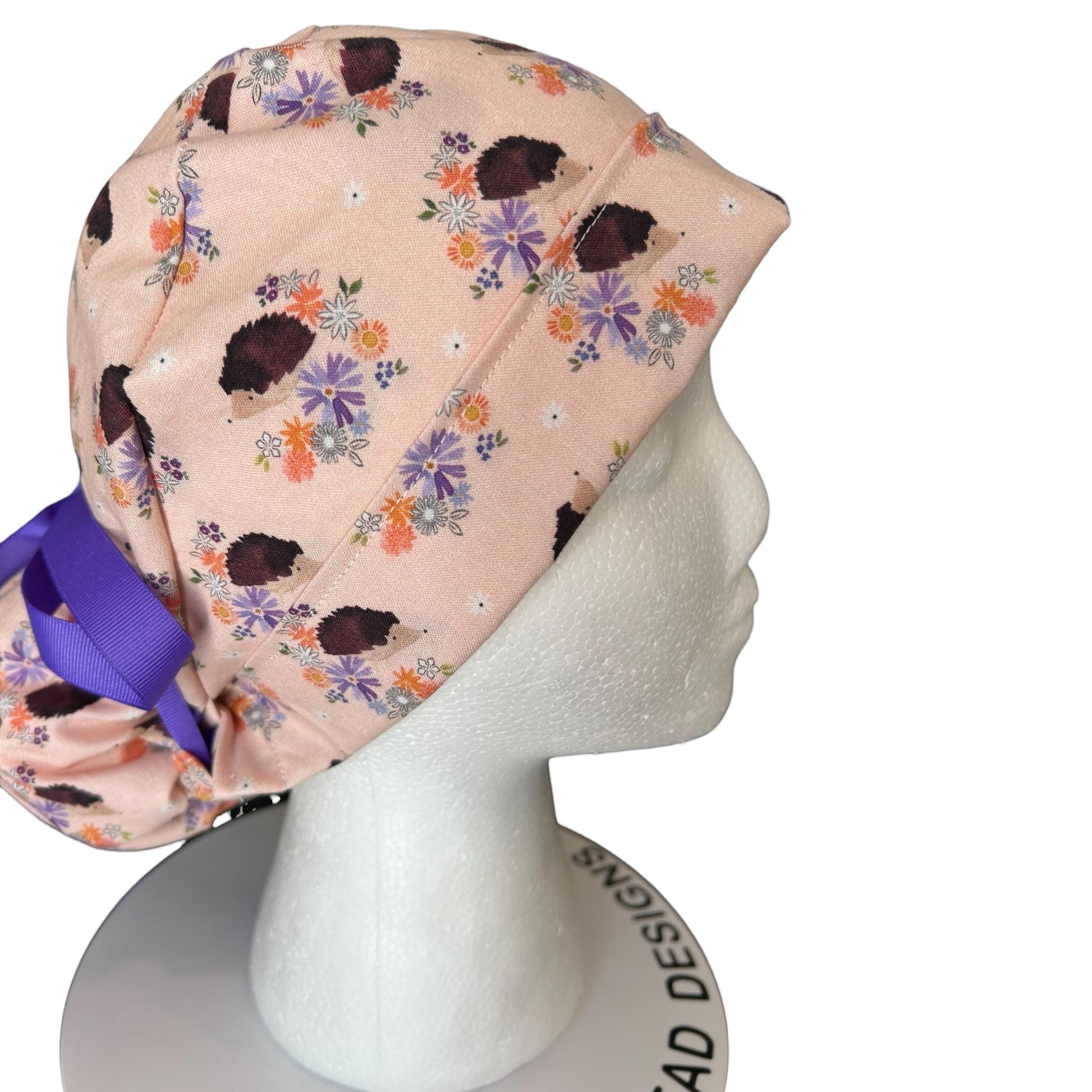 Scrub Caps: Hedgehogs, Adjustable bun Pocket with ribbon ties