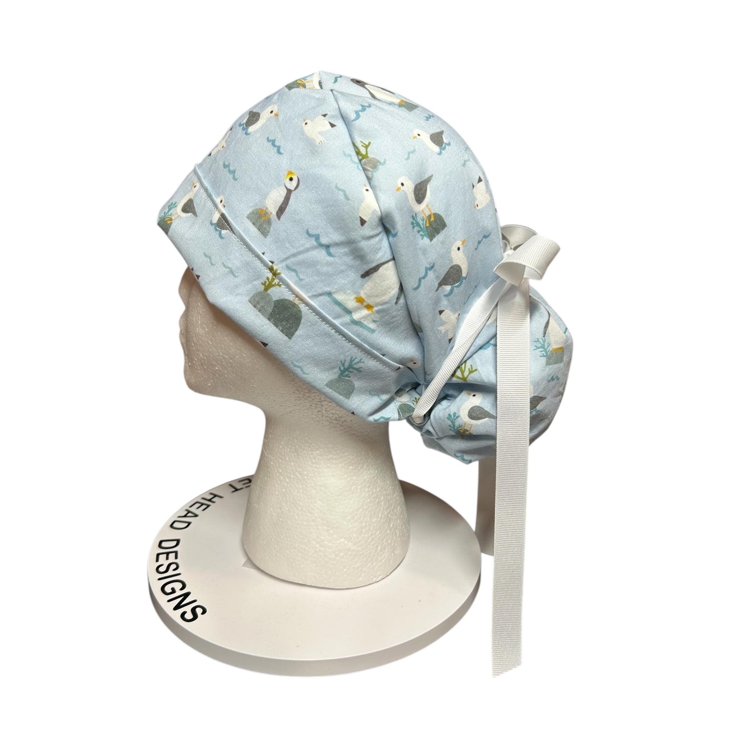 Sea Birds Ponytail Scrub Cap: Penguins & Puffins Print, Satin Lining Option