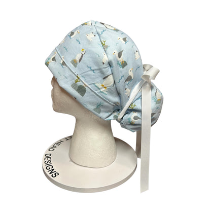 Sea Birds Ponytail Scrub Cap: Penguins & Puffins Print, Satin Lining Option