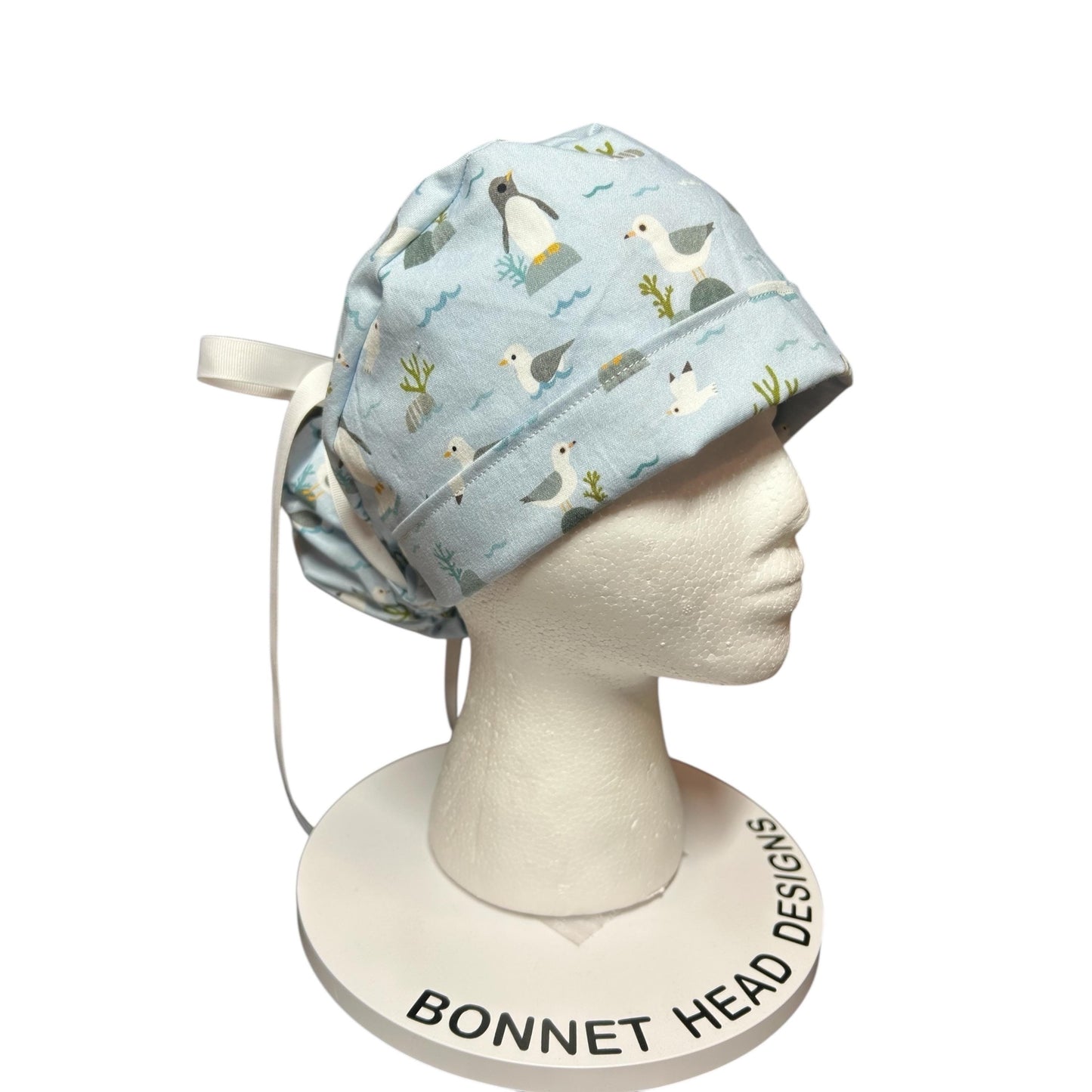 Sea Birds Ponytail Scrub Cap: Penguins & Puffins Print, Satin Lining Option
