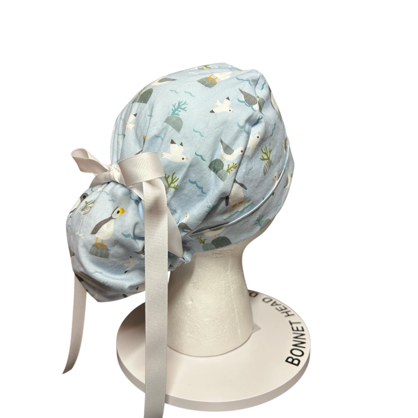 Sea Birds Ponytail Scrub Cap: Penguins & Puffins Print, Satin Lining Option