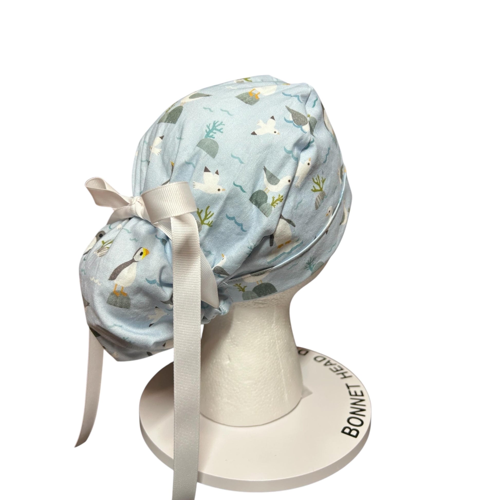 Sea Birds Ponytail Scrub Cap: Penguins & Puffins Print, Satin Lining Option
