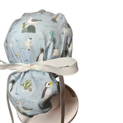 Sea Birds Ponytail Scrub Cap: Penguins & Puffins Print, Satin Lining Option