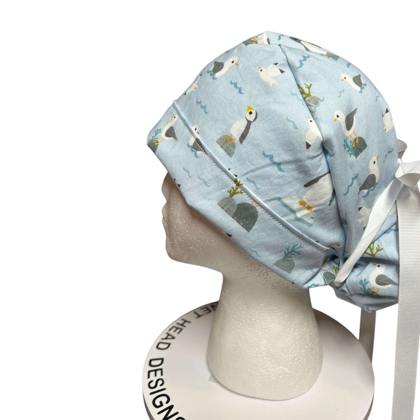 Sea Birds Ponytail Scrub Cap: Penguins & Puffins Print, Satin Lining Option