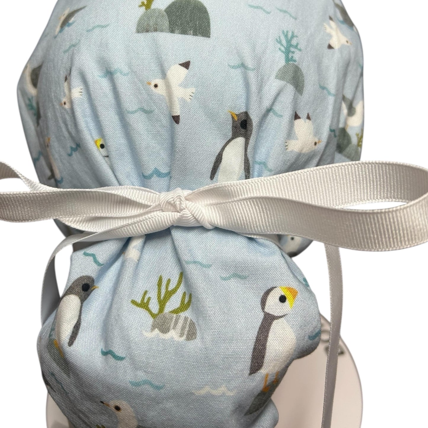 Sea Birds Ponytail Scrub Cap: Penguins & Puffins Print, Satin Lining Option