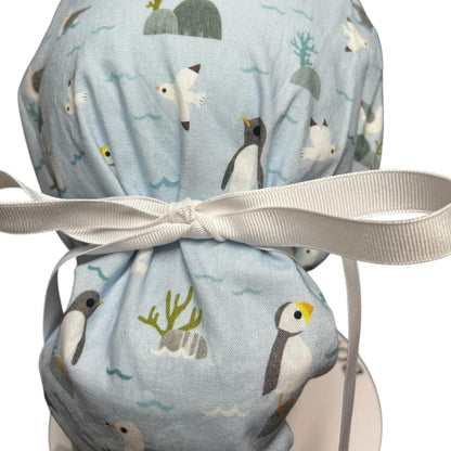 Sea Birds Ponytail Scrub Cap: Penguins & Puffins Print, Satin Lining Option