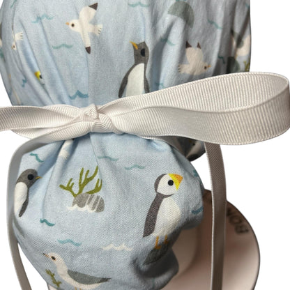 Sea Birds Ponytail Scrub Cap: Penguins & Puffins Print, Satin Lining Option