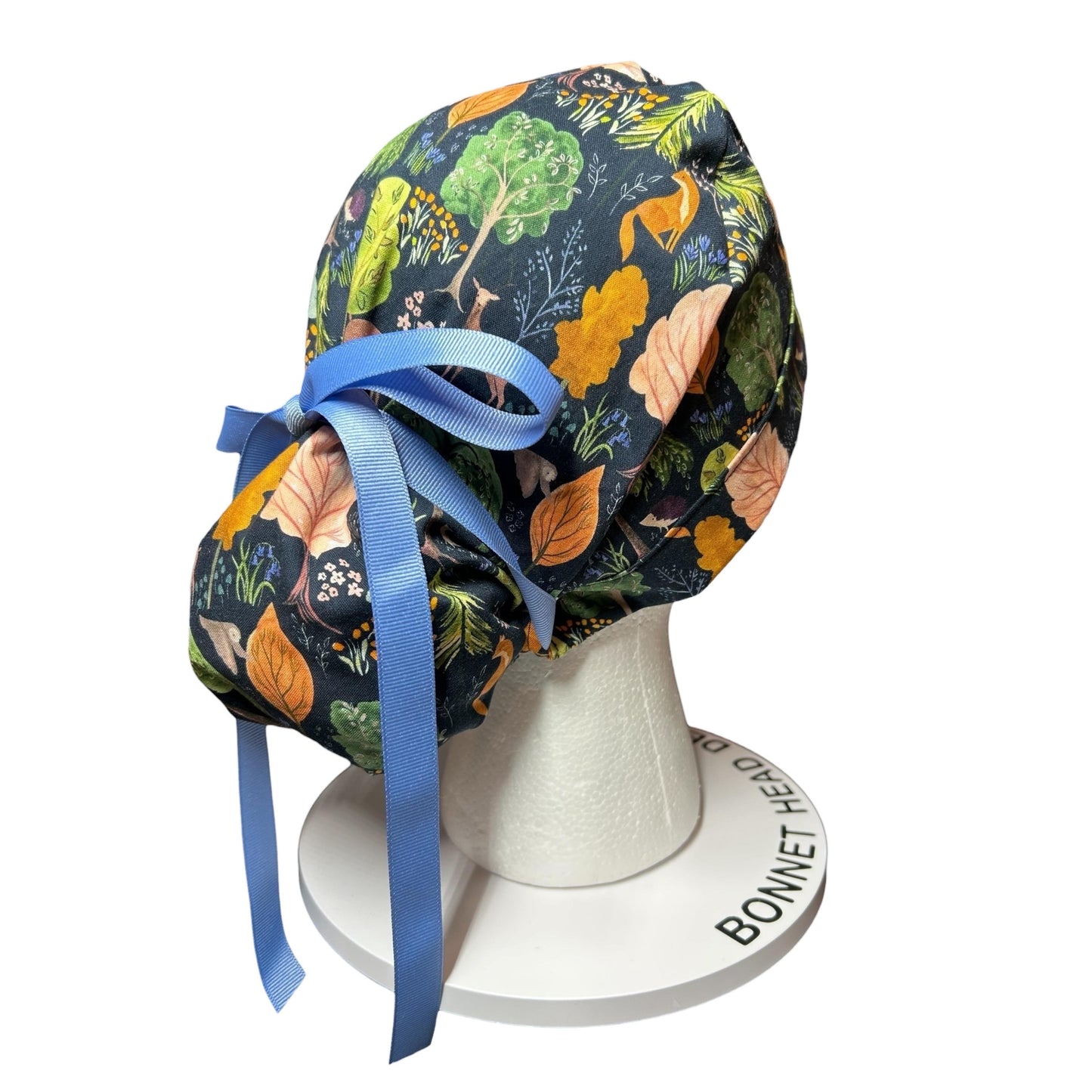 Scrub Caps: Floral Forest Design, mask buttons or satin options, Bonnet Head Designs