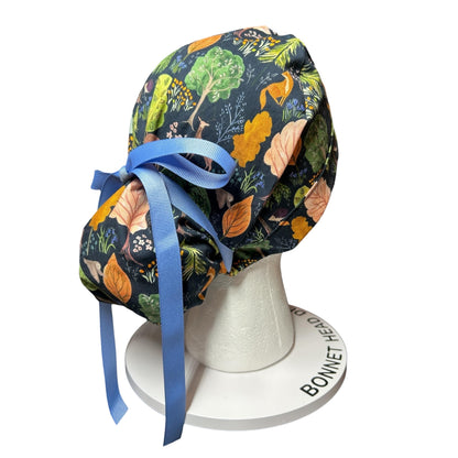 Scrub Caps: Floral Forest Design, mask buttons or satin options, Bonnet Head Designs