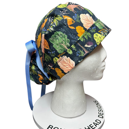 Scrub Caps: Floral Forest Design, mask buttons or satin options, Bonnet Head Designs