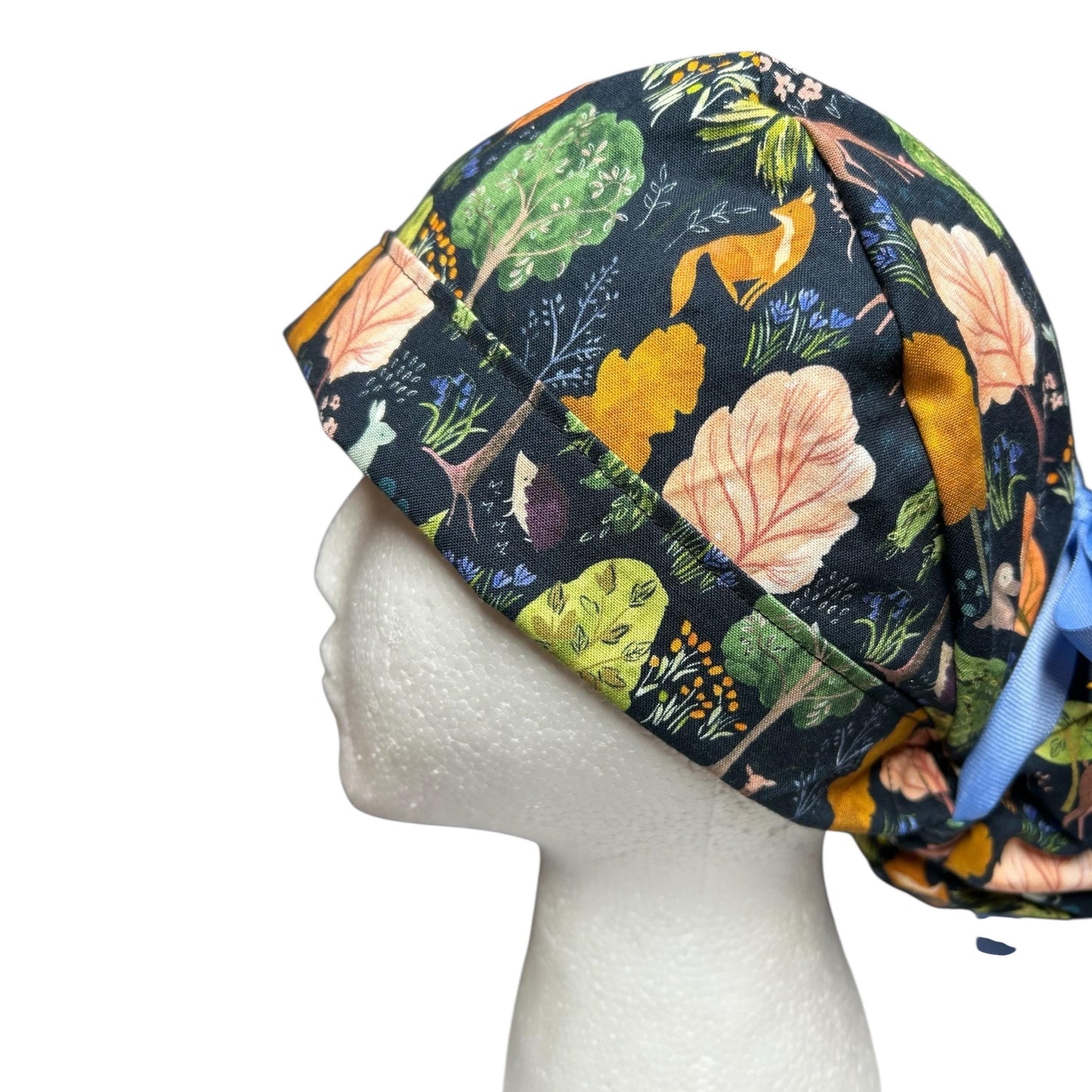 Scrub Caps: Floral Forest Design, mask buttons or satin options, Bonnet Head Designs