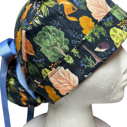 Scrub Caps: Floral Forest Design, mask buttons or satin options, Bonnet Head Designs