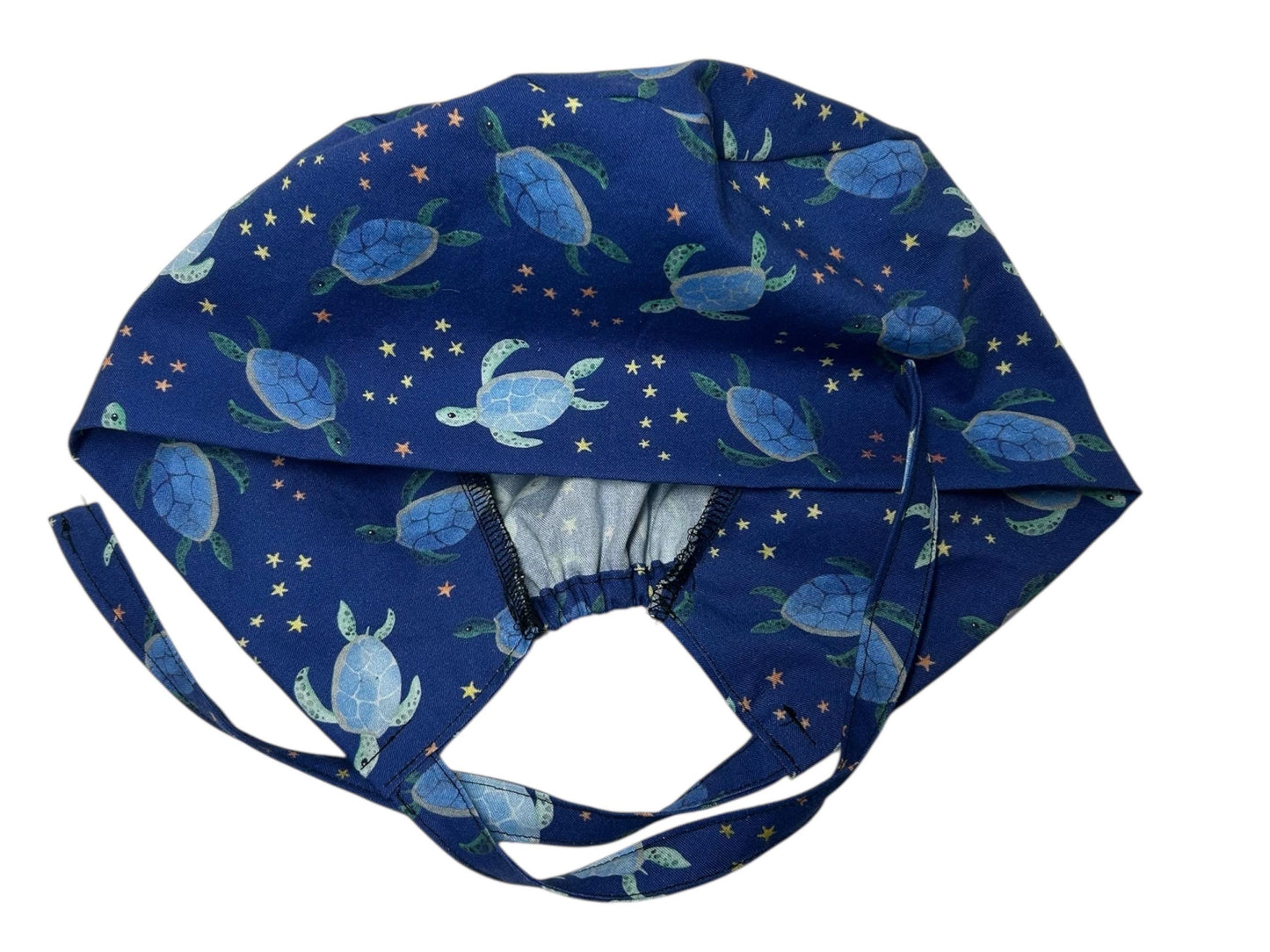 Men’s blue sea turtle print scrub cap: surgeon style with ties