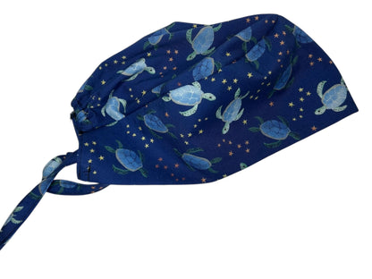 Men’s blue sea turtle print scrub cap: surgeon style with ties
