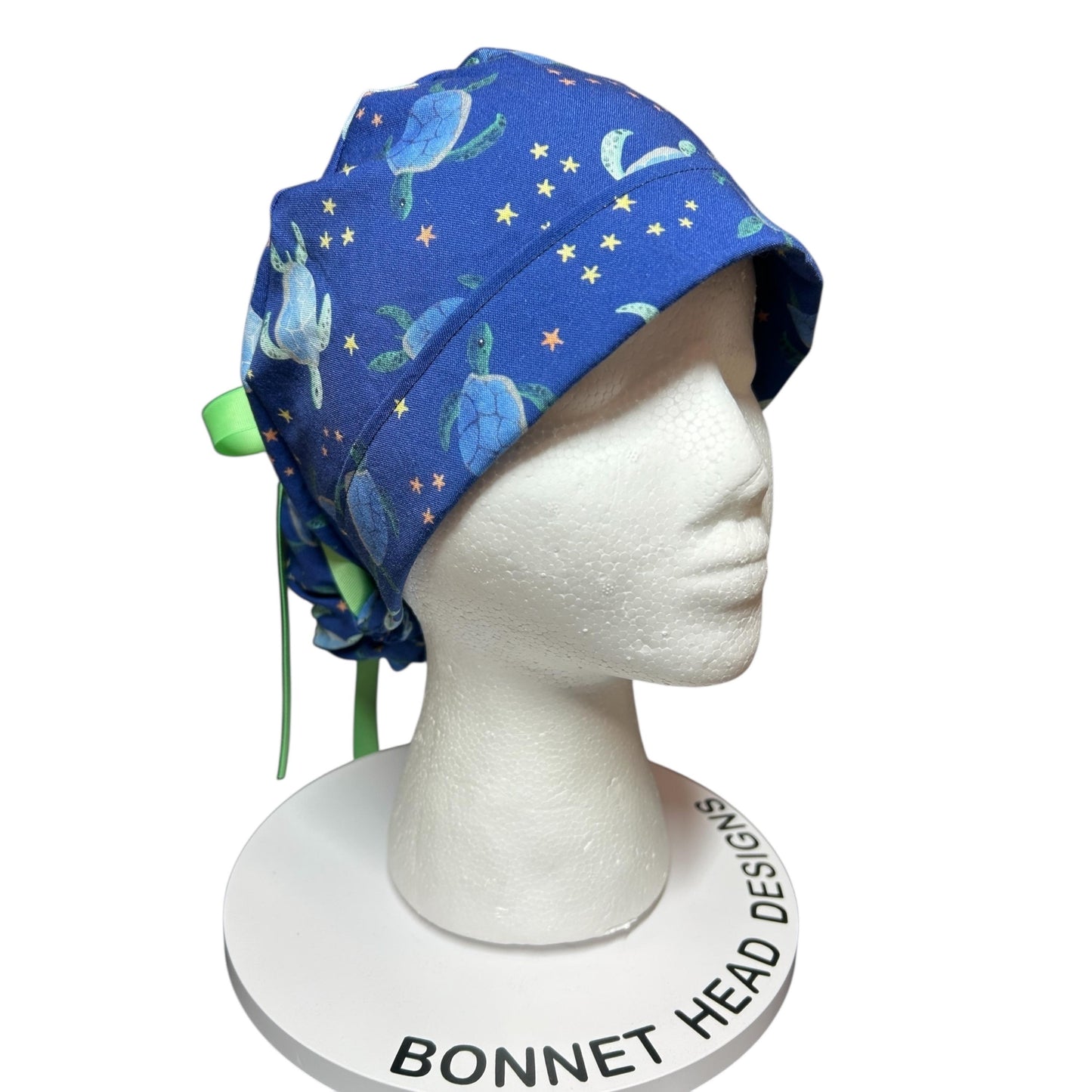 Sea Turtles and Stars Ponytail Scrub Cap- cute women’s scrub hat with ribbon ties and optional satin lining