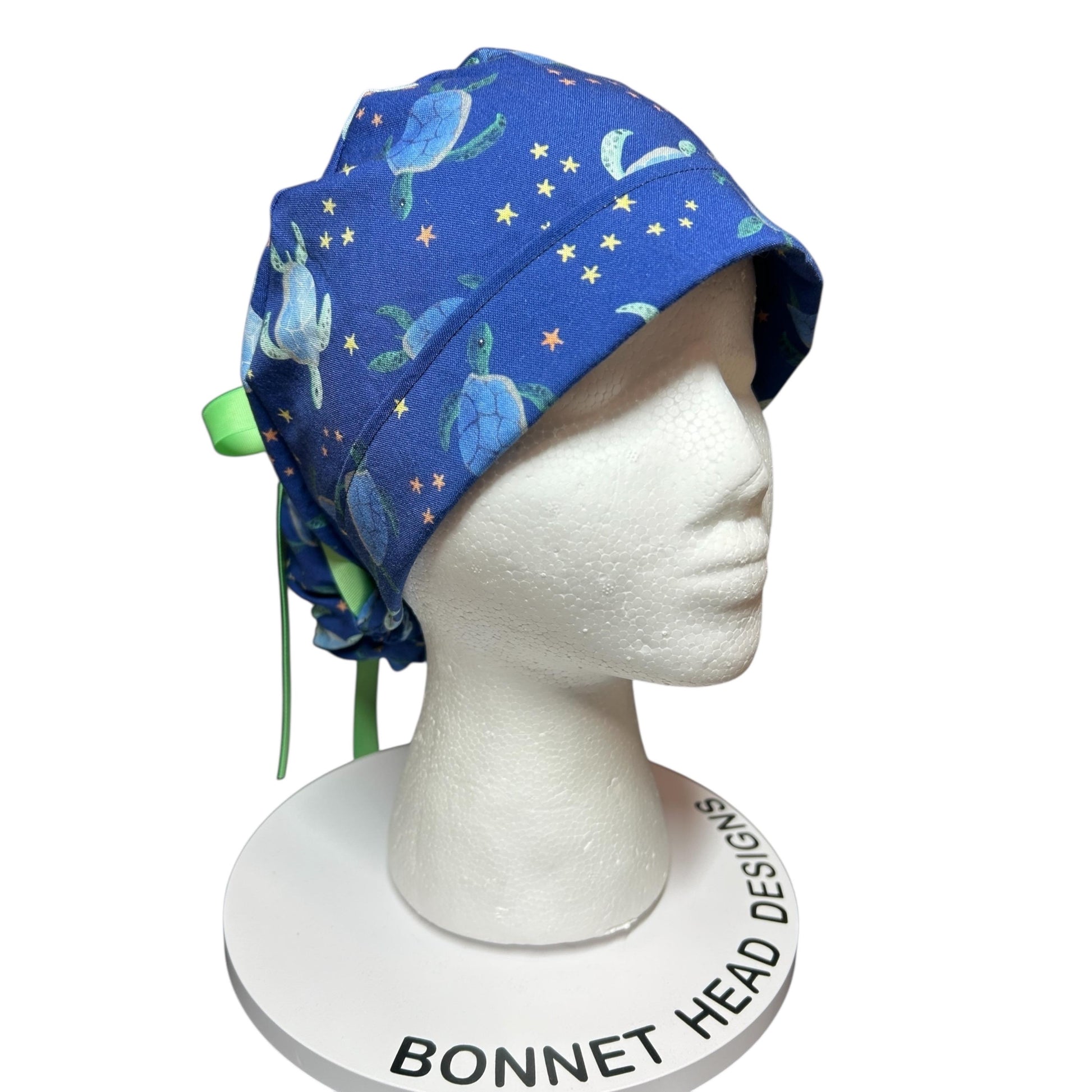 Sea Turtles and Stars Ponytail Scrub Cap- cute women’s scrub hat with ribbon ties and optional satin lining