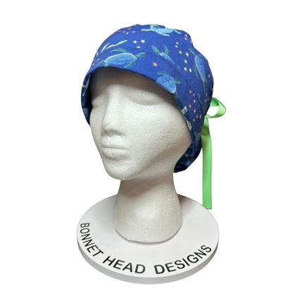 Sea Turtles and Stars Ponytail Scrub Cap- cute women’s scrub hat with ribbon ties and optional satin lining
