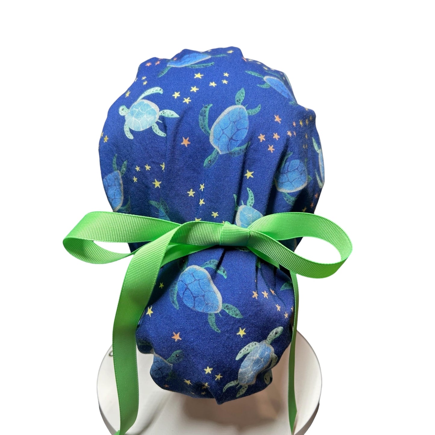 Sea Turtles and Stars Ponytail Scrub Cap- cute women’s scrub hat with ribbon ties and optional satin lining