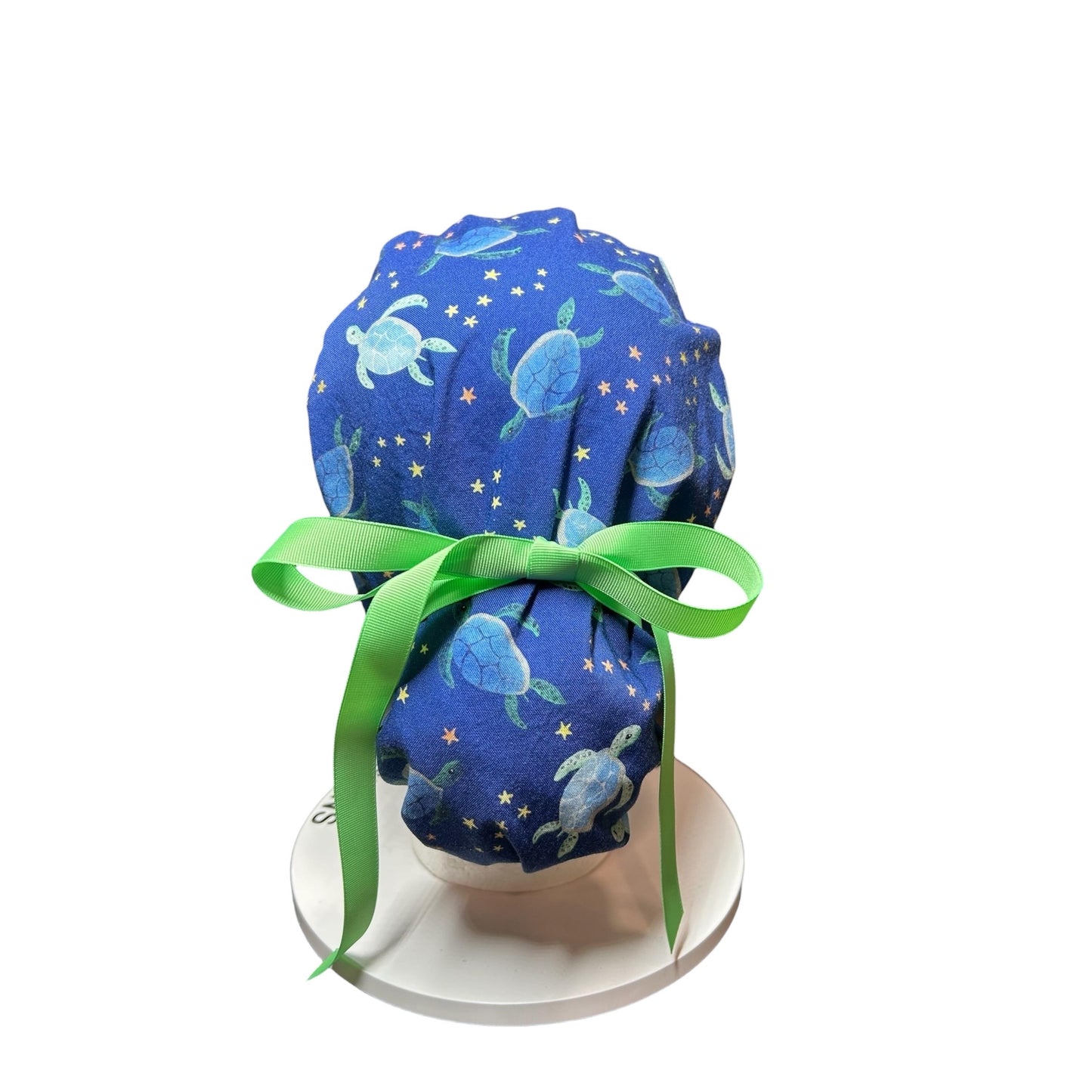 Sea Turtles and Stars Ponytail Scrub Cap- cute women’s scrub hat with ribbon ties and optional satin lining