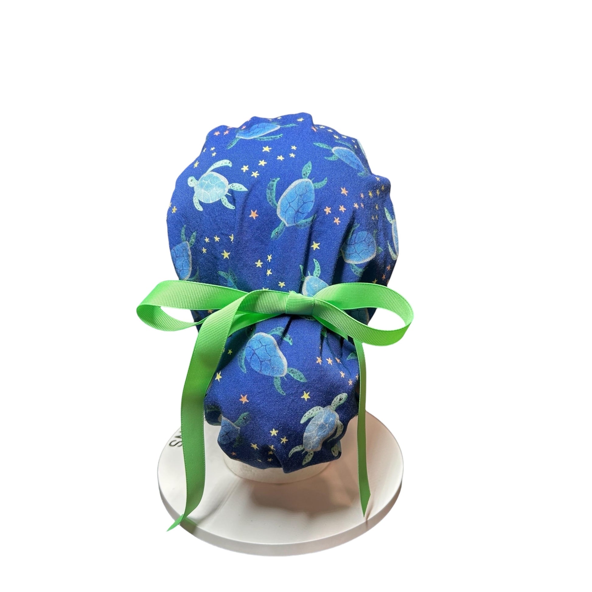 Sea Turtles and Stars Ponytail Scrub Cap- cute women’s scrub hat with ribbon ties and optional satin lining