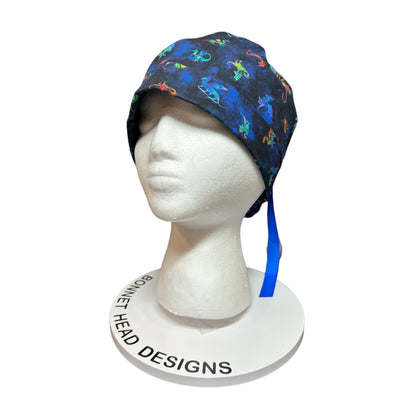 Women’s dragon print ponytail scrub cap: satin lining option and adjustable pocket