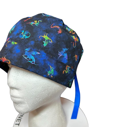 Women’s dragon print ponytail scrub cap: satin lining option and adjustable pocket