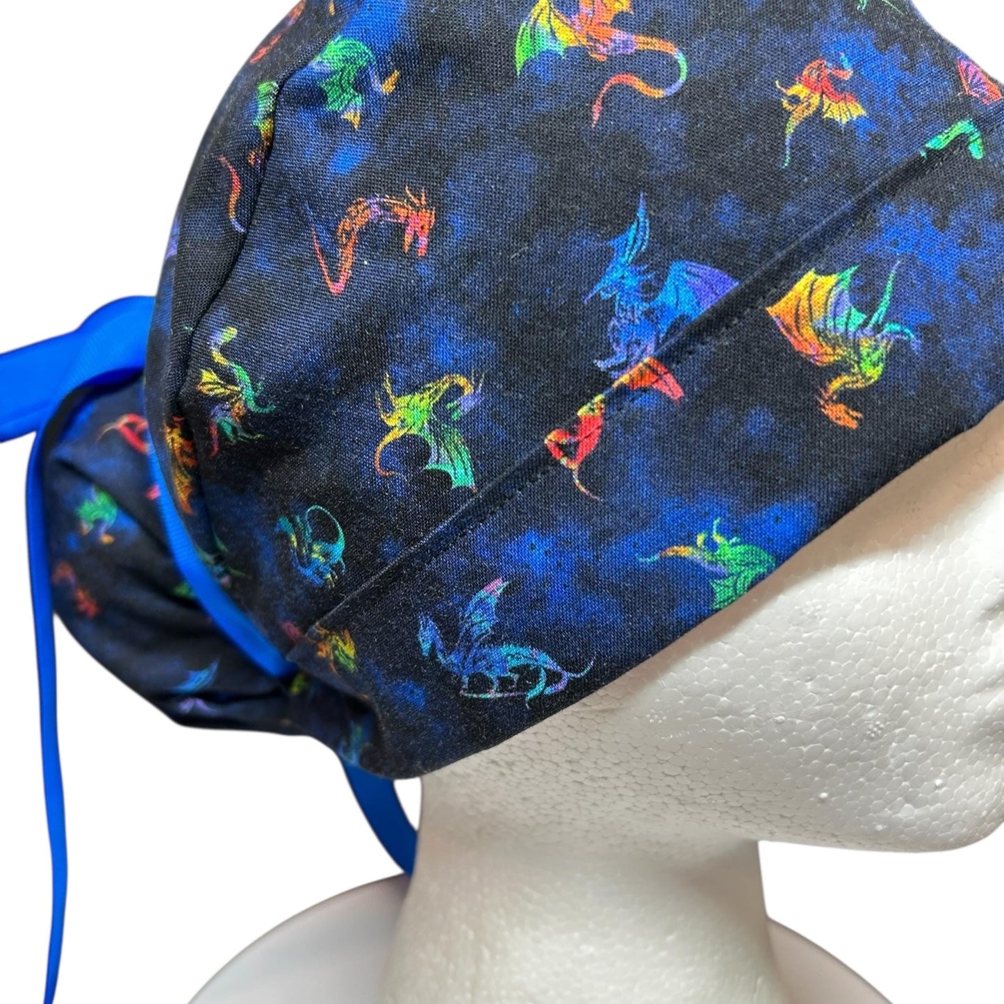 Women’s dragon print ponytail scrub cap: satin lining option and adjustable pocket