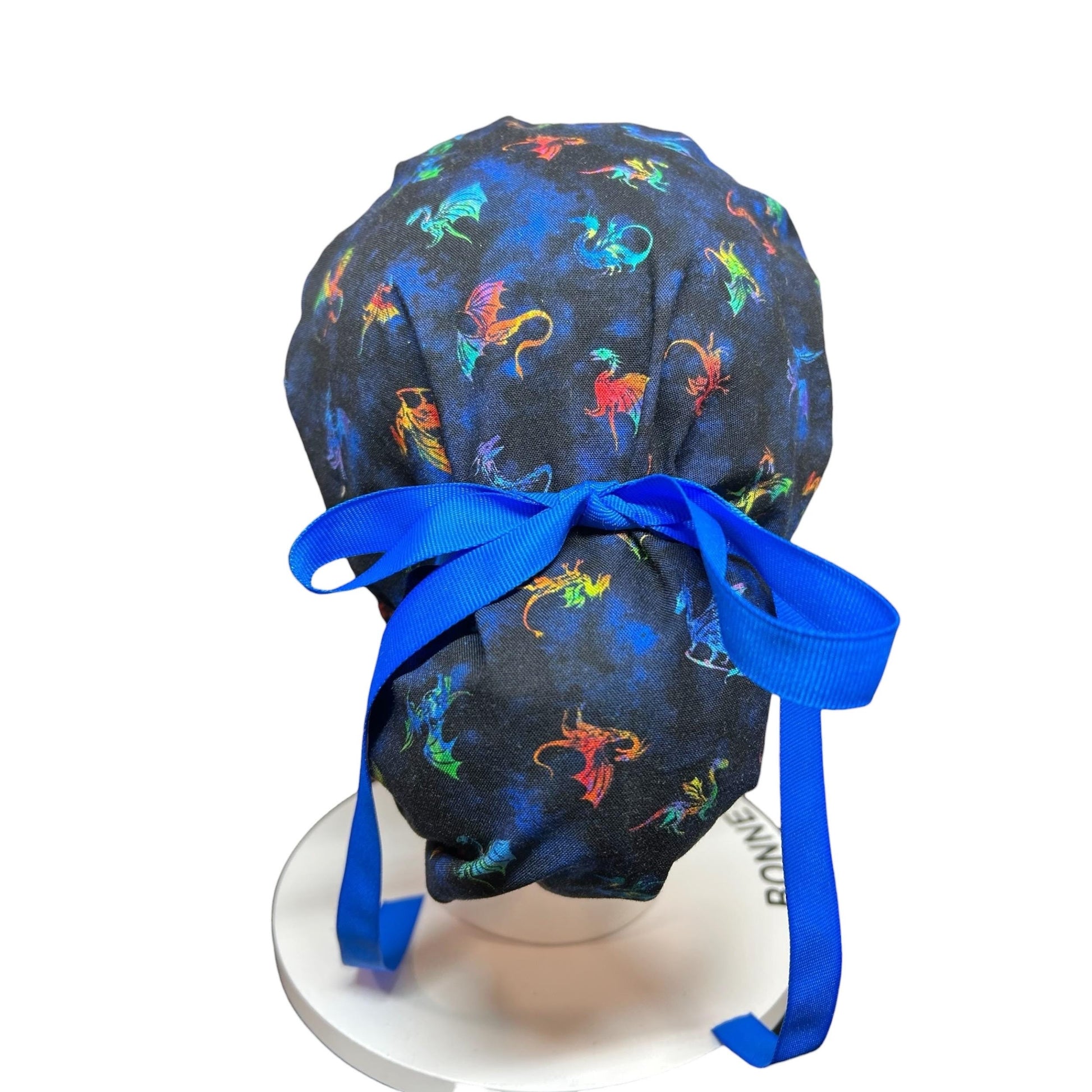 Women’s dragon print ponytail scrub cap: satin lining option and adjustable pocket