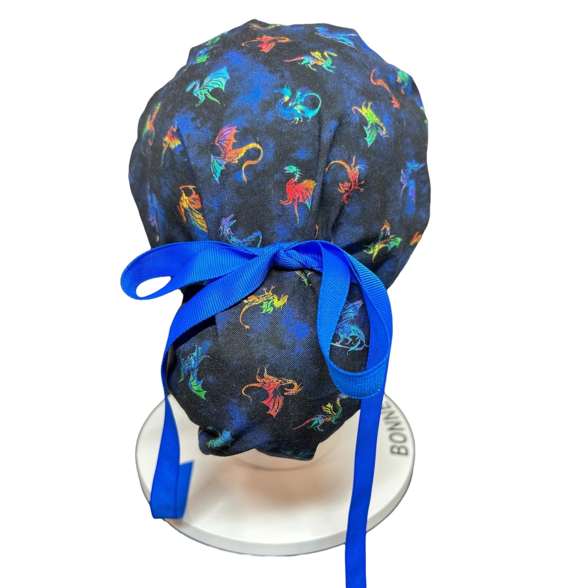 Women’s dragon print ponytail scrub cap: satin lining option and adjustable pocket