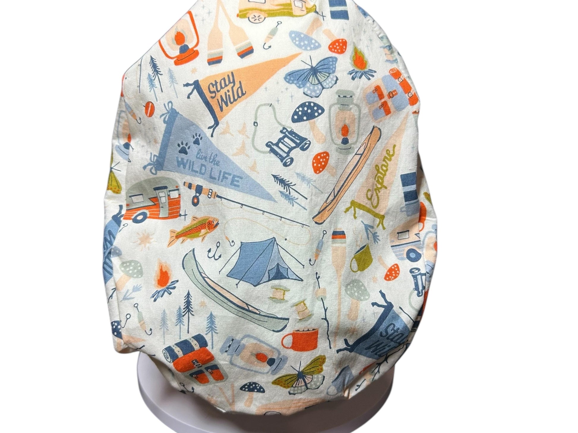 Euro Style Stay Wild Camping Themed scrub hat— satin lining optional with toggle