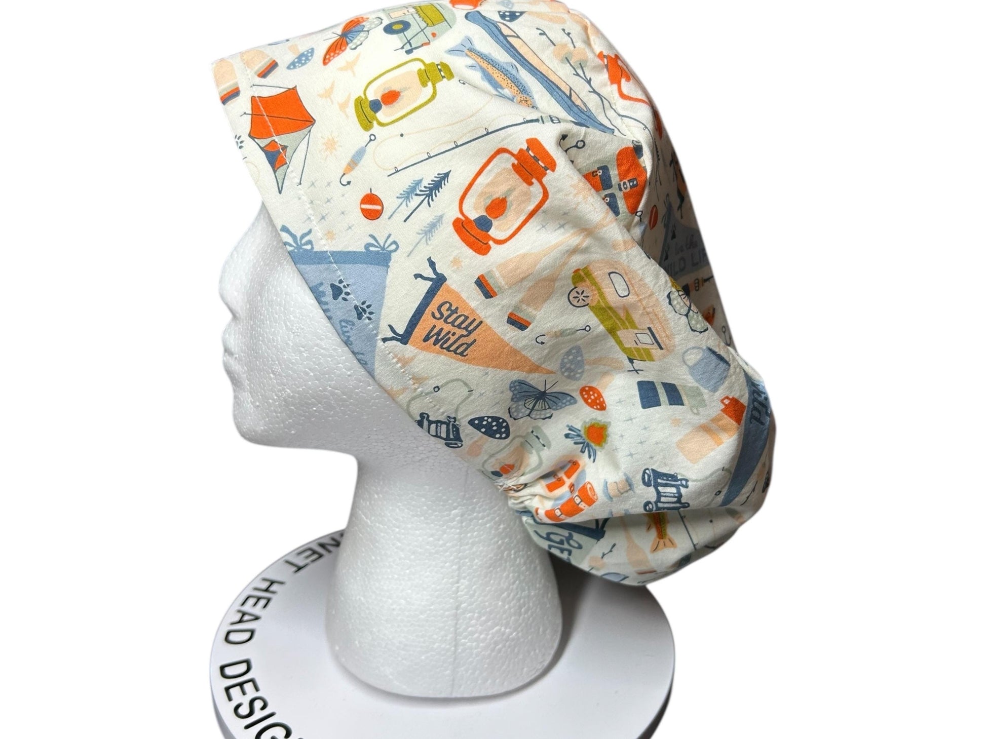 Euro Style Stay Wild Camping Themed scrub hat— satin lining optional with toggle