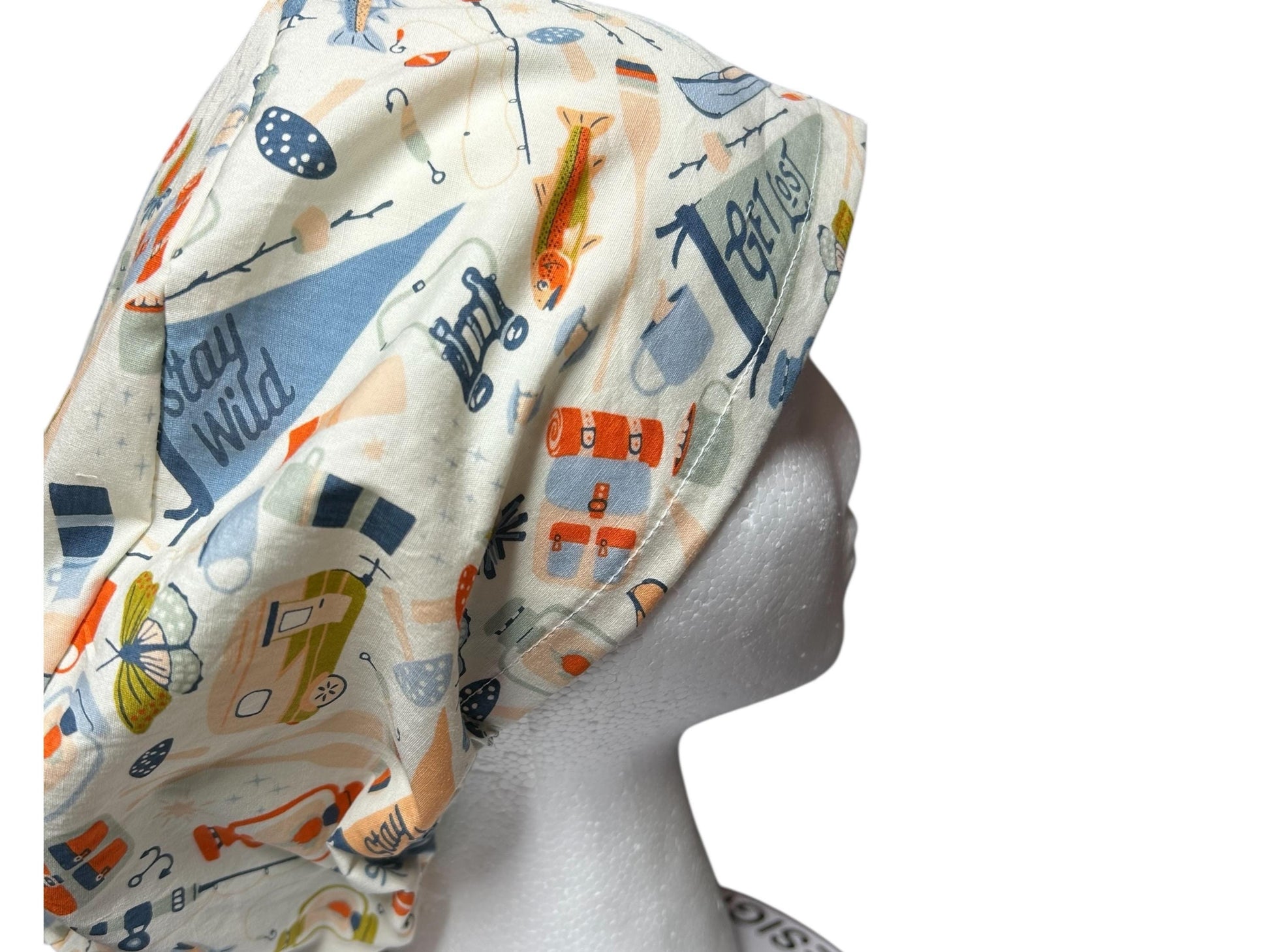 Euro Style Stay Wild Camping Themed scrub hat— satin lining optional with toggle