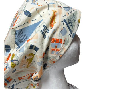 Euro Style Stay Wild Camping Themed scrub hat— satin lining optional with toggle