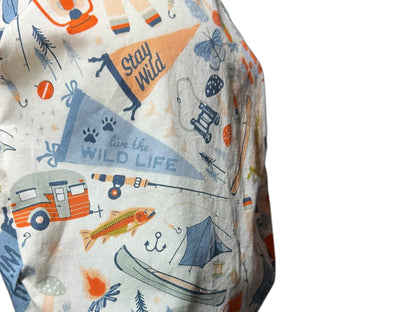 Euro Style Stay Wild Camping Themed scrub hat— satin lining optional with toggle