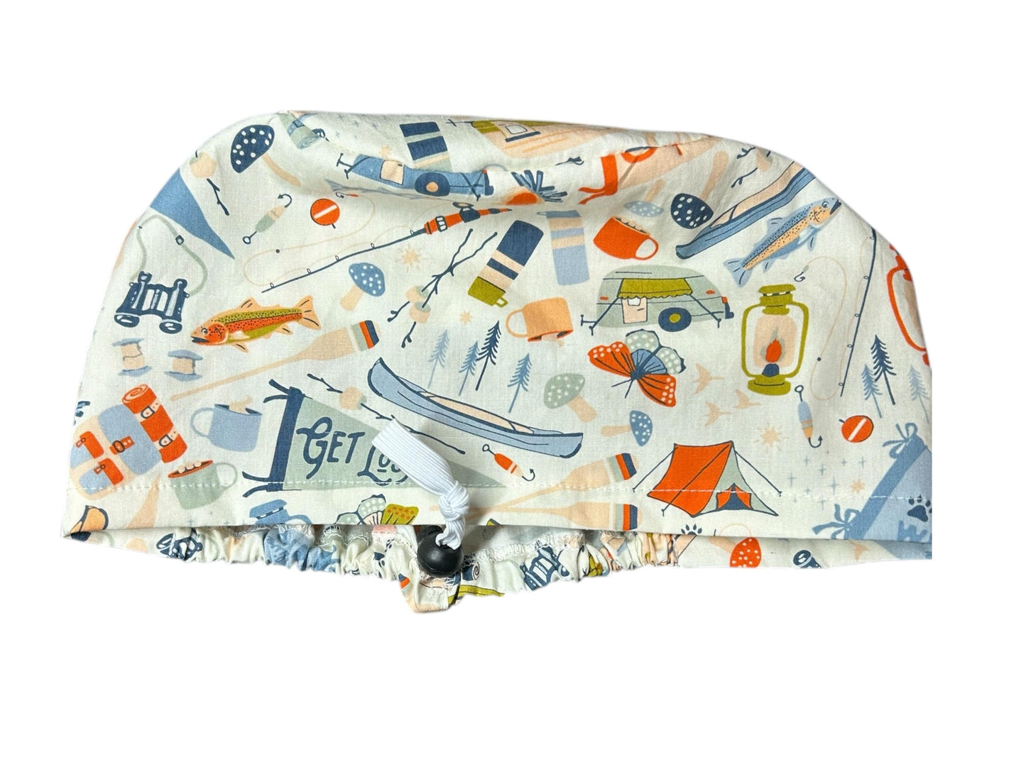 Euro Style Stay Wild Camping Themed scrub hat— satin lining optional with toggle