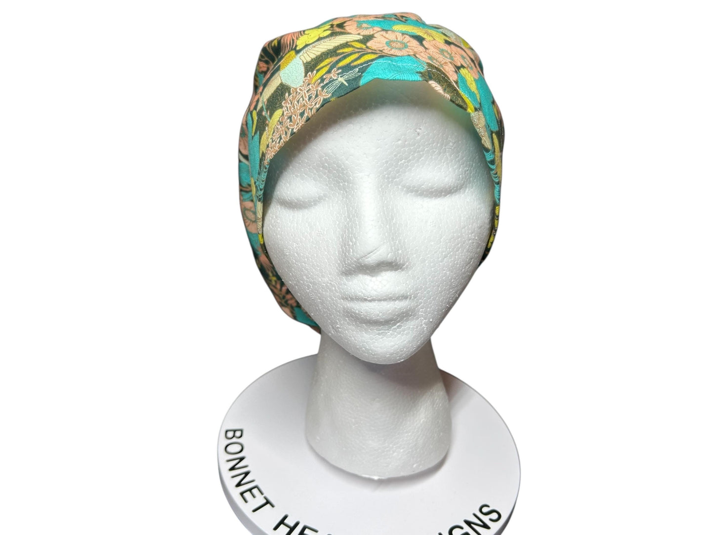 Euro Style Spring Floral with Hummingbirds Themed scrub hat— satin lining optional with toggle