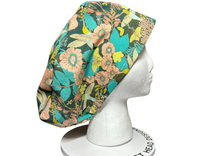 Euro Style Spring Floral with Hummingbirds Themed scrub hat— satin lining optional with toggle