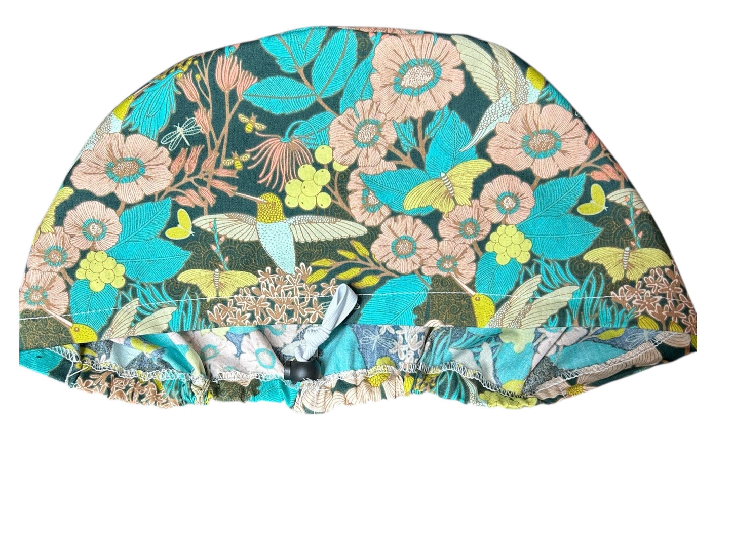 Euro Style Spring Floral with Hummingbirds Themed scrub hat— satin lining optional with toggle