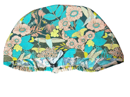 Euro Style Spring Floral with Hummingbirds Themed scrub hat— satin lining optional with toggle