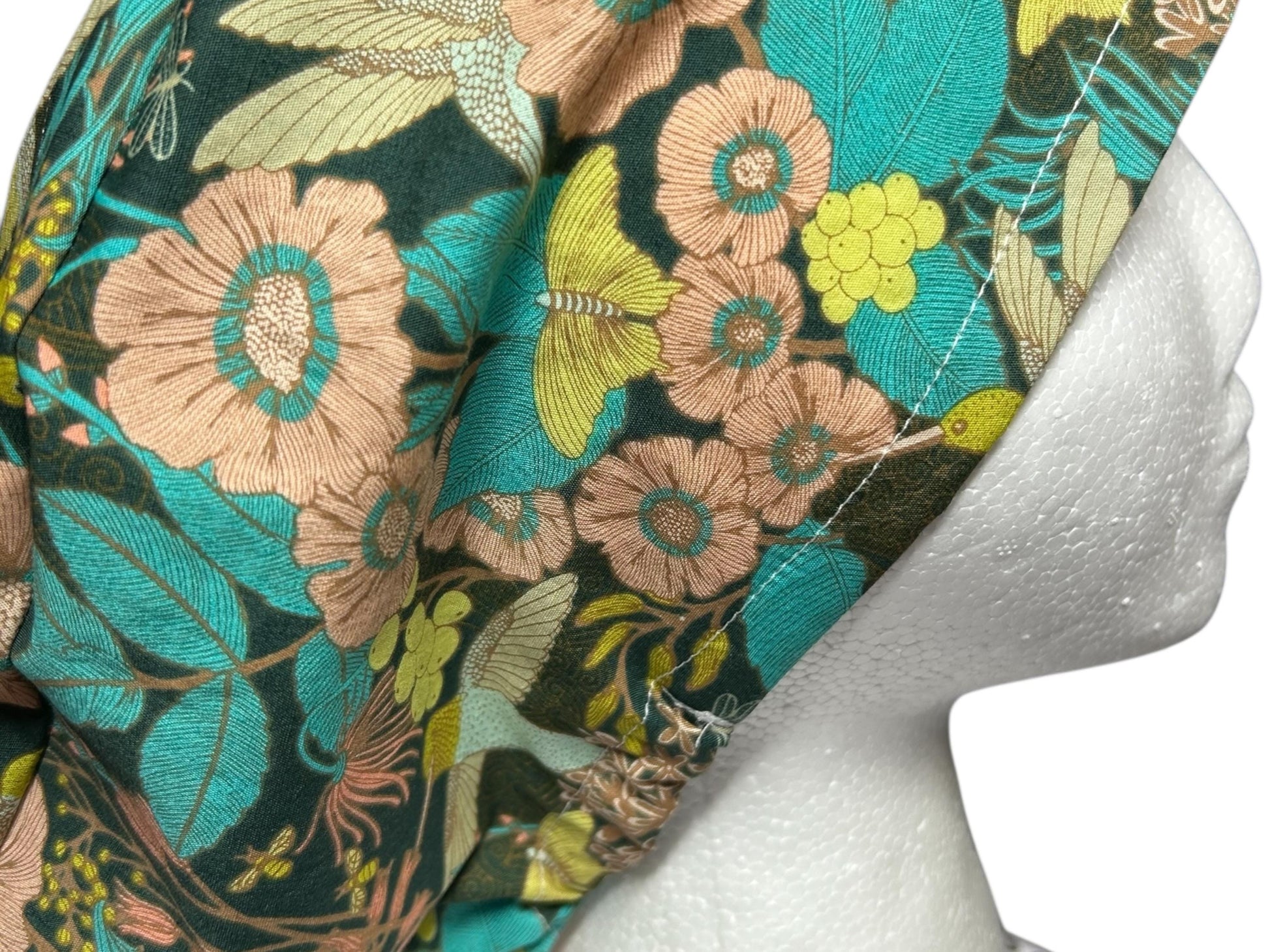 Euro Style Spring Floral with Hummingbirds Themed scrub hat— satin lining optional with toggle