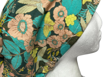 Euro Style Spring Floral with Hummingbirds Themed scrub hat— satin lining optional with toggle