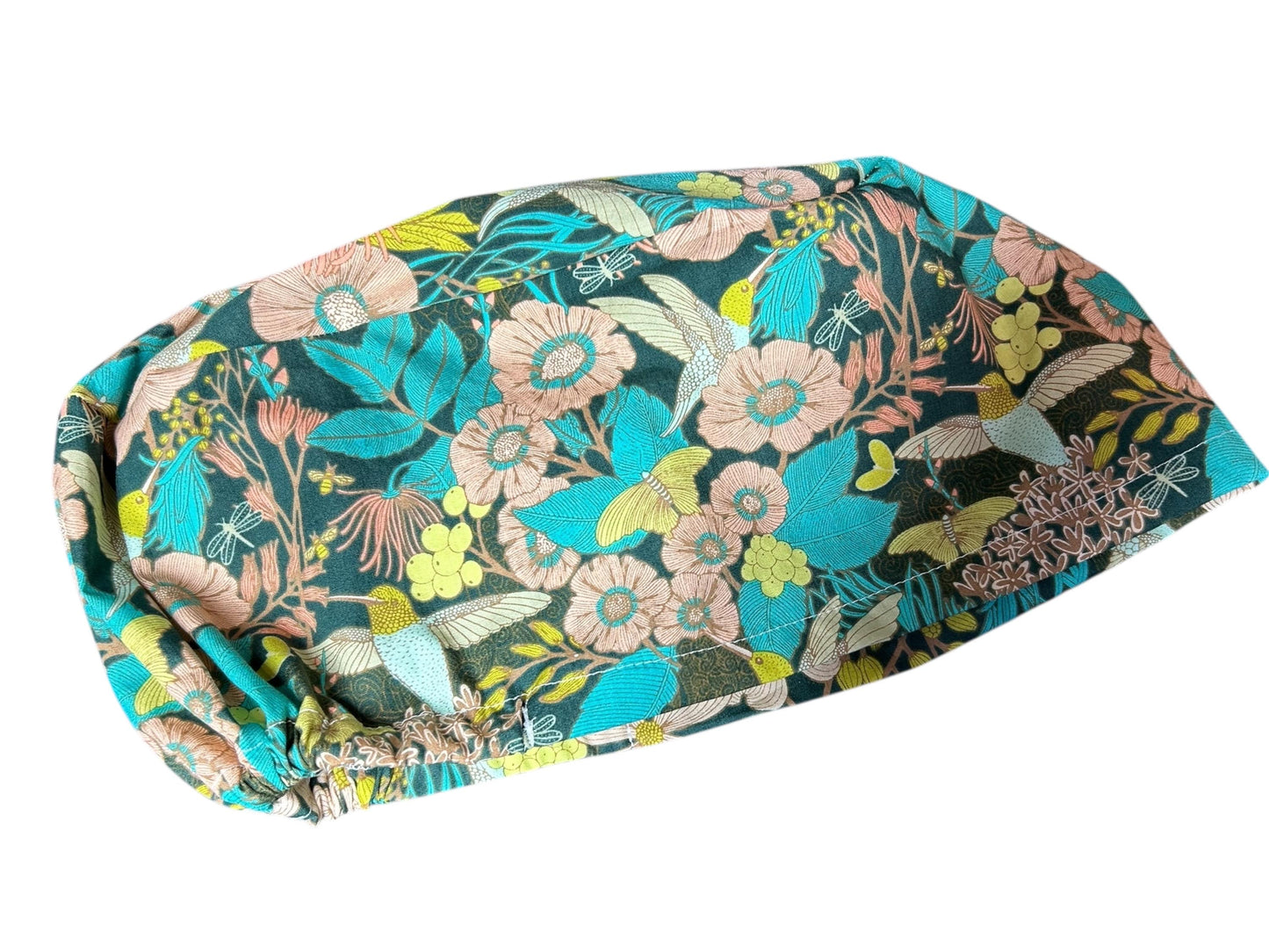 Euro Style Spring Floral with Hummingbirds Themed scrub hat— satin lining optional with toggle