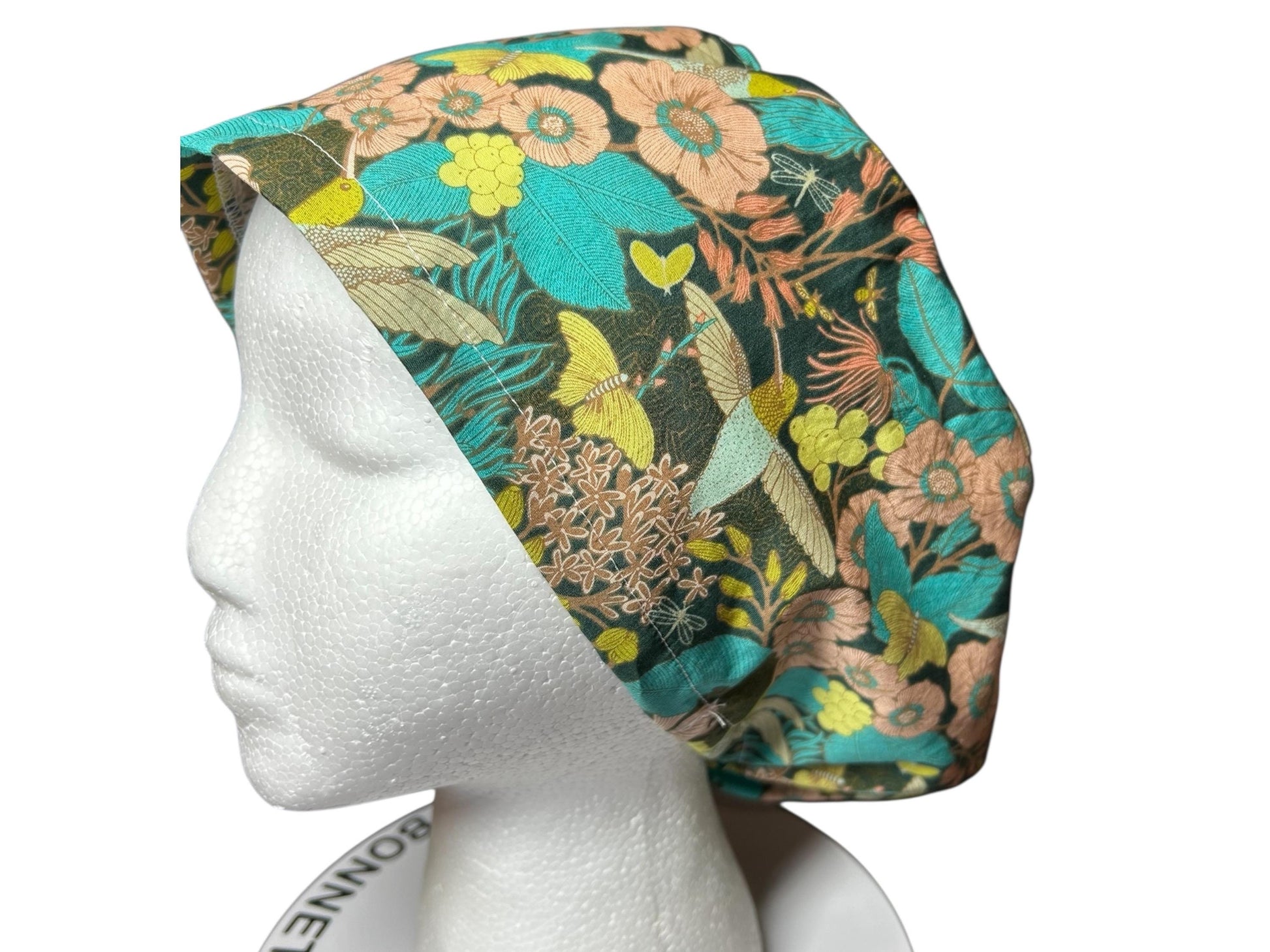 Euro Style Spring Floral with Hummingbirds Themed scrub hat— satin lining optional with toggle