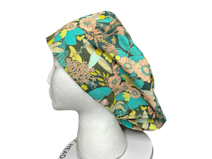 Euro Style Spring Floral with Hummingbirds Themed scrub hat— satin lining optional with toggle