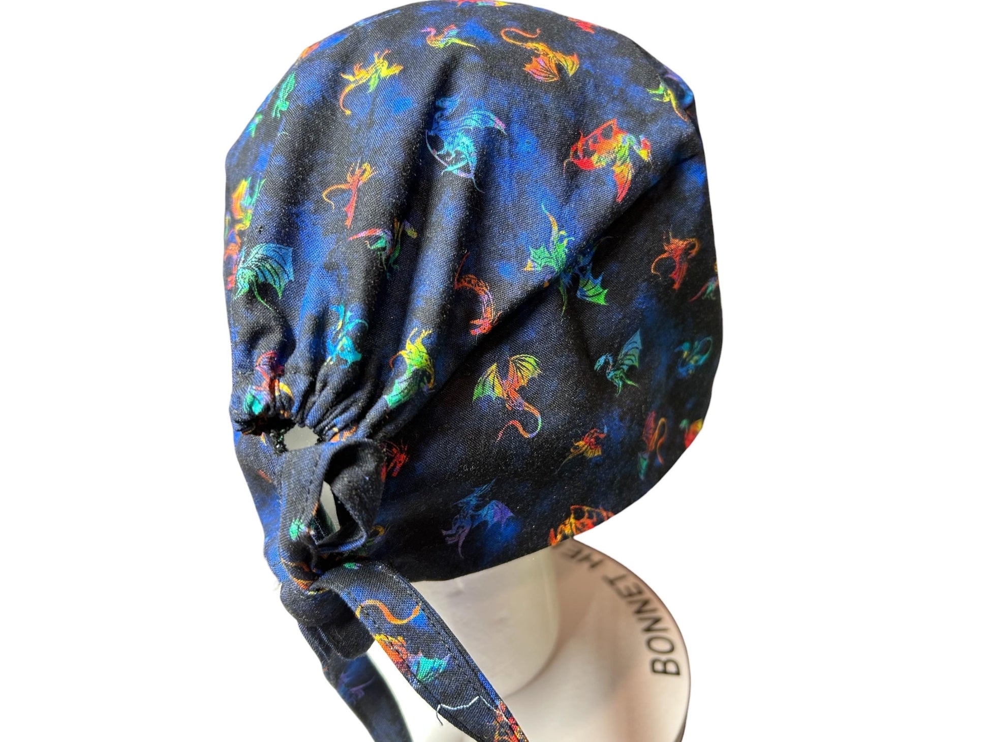 Scrub cap for men: dragon print surgeon style with ties