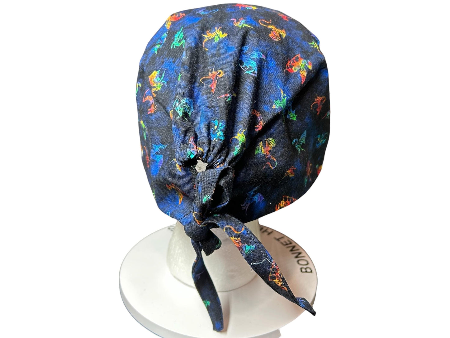 Scrub cap for men: dragon print surgeon style with ties