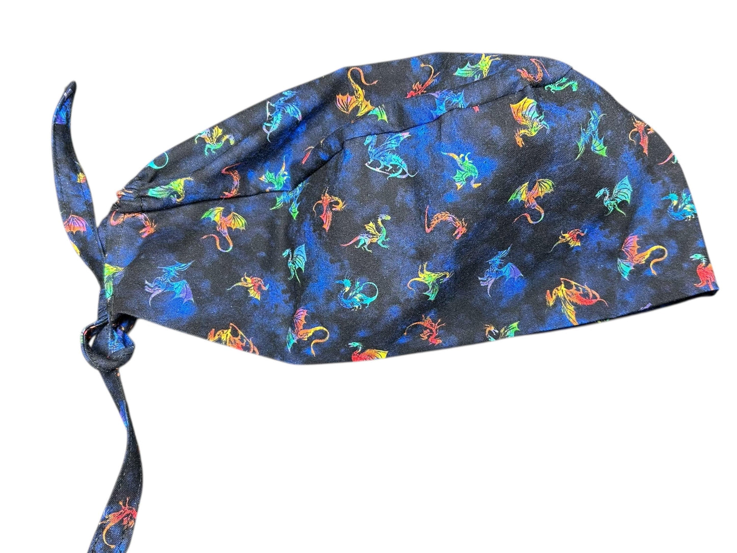 Scrub cap for men: dragon print surgeon style with ties