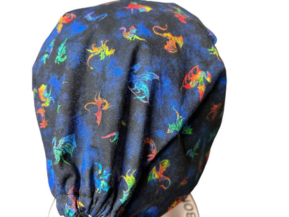 Scrub cap for men: dragon print surgeon style with ties