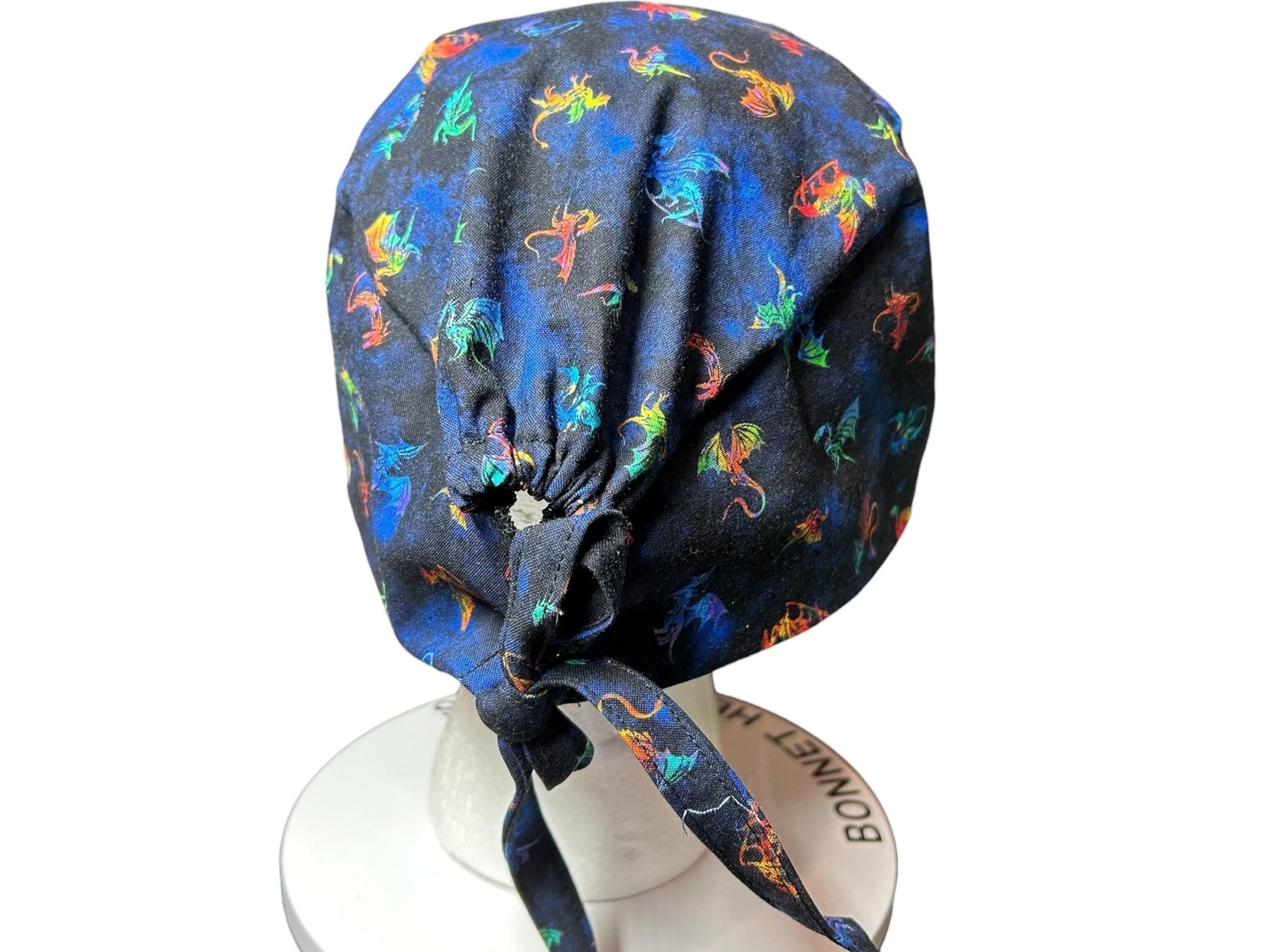 Scrub cap for men: dragon print surgeon style with ties