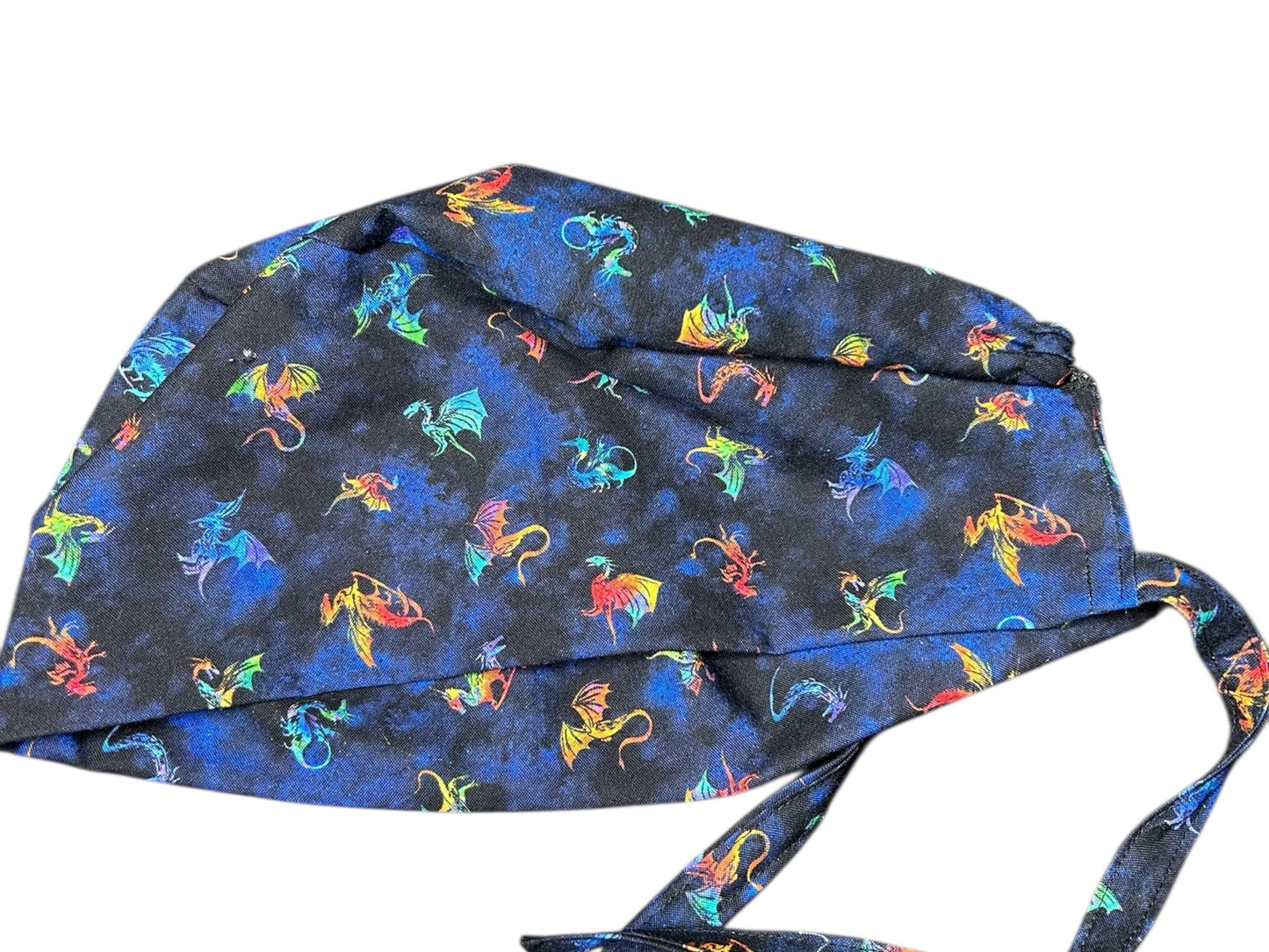 Scrub cap for men: dragon print surgeon style with ties